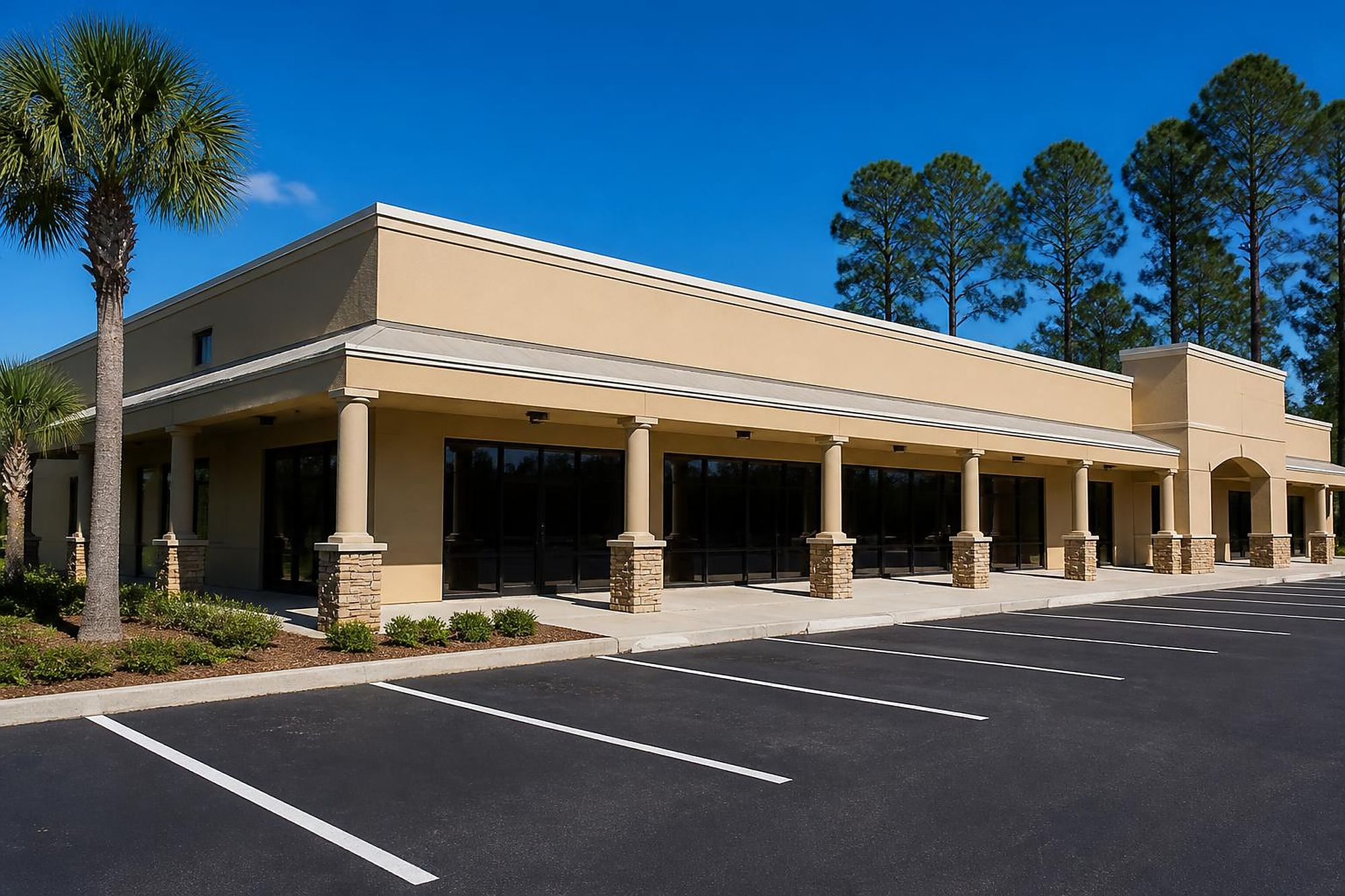 Single story commercial office and retail suite building with covered walkway and parking in Citrus County, Florida